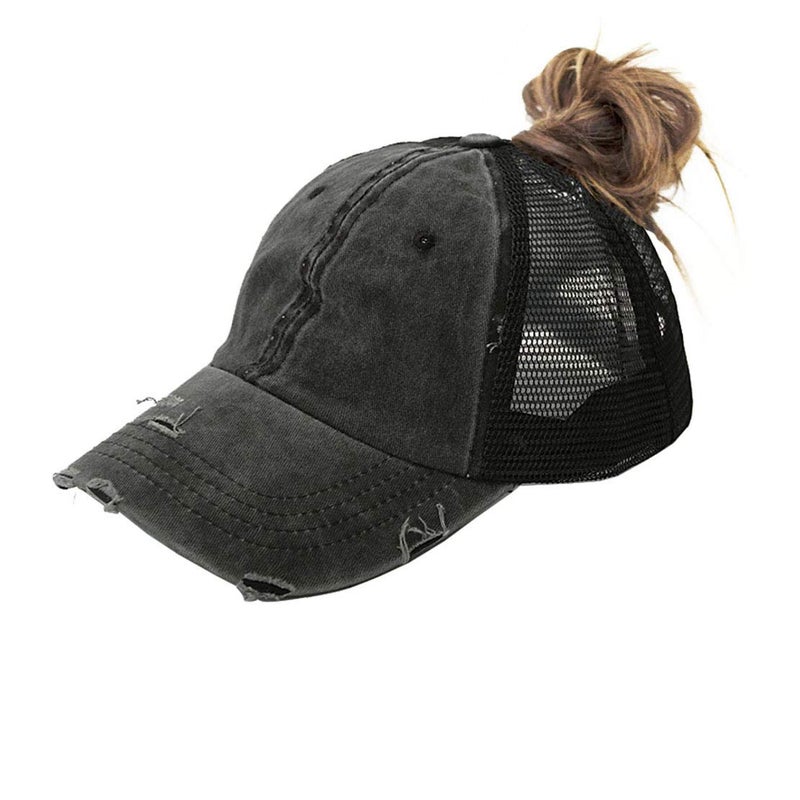 Eohak Distressed Ponytail Hats Baseball for Women Messy-Bun Pony Caps (Black) - Image 3